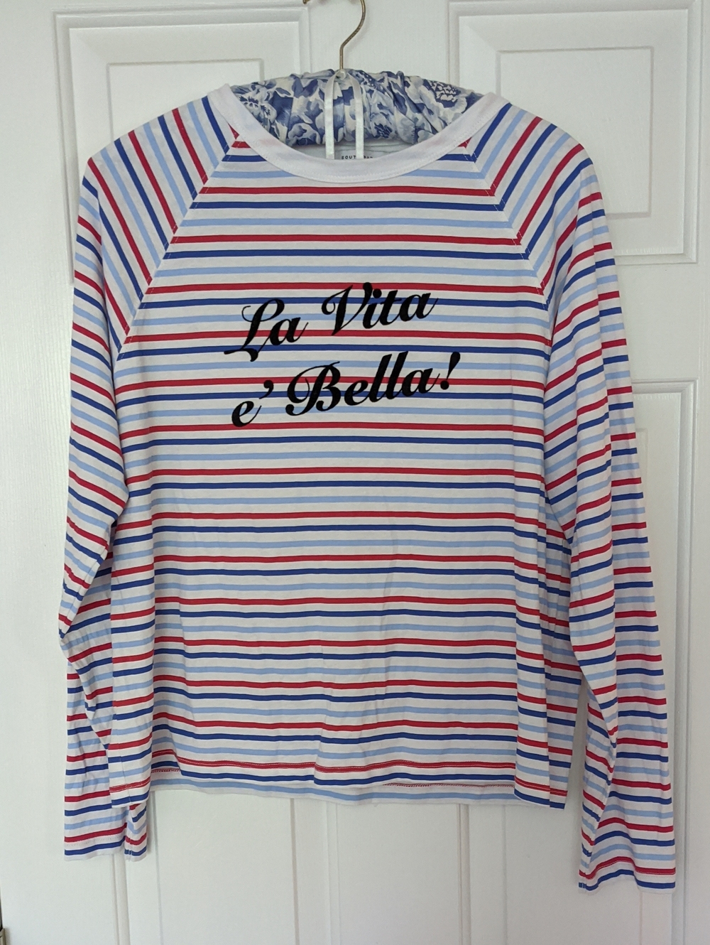 Women M South Parade La Vita e’ Bella! Red White Blue Stripes Long Sleeve EUC